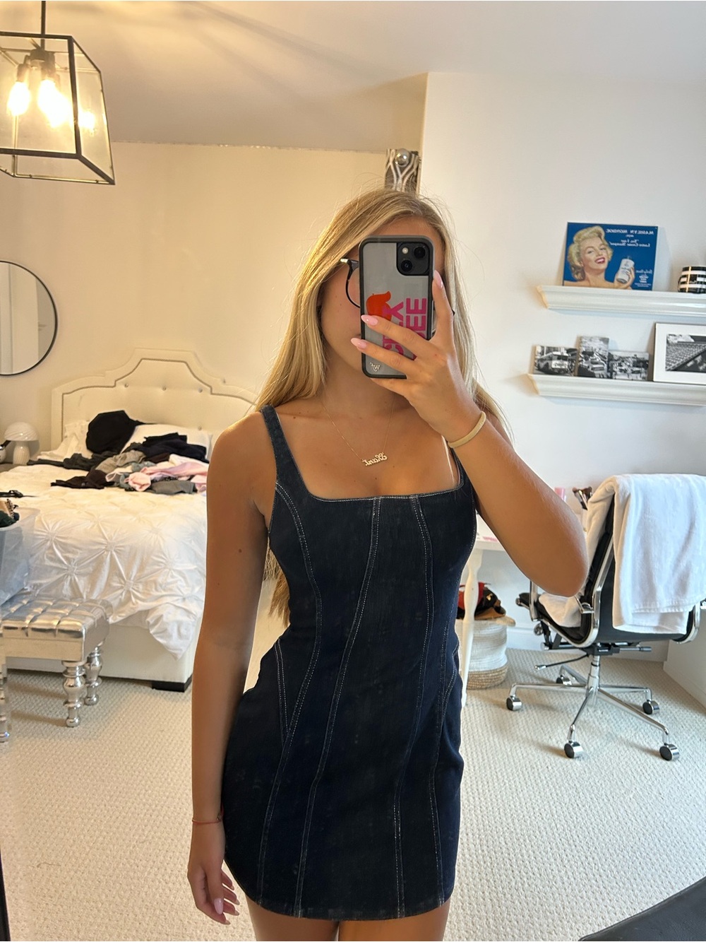 Zara Dark Blue Denim Square-Neck Mini Dress